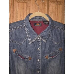 Route 66 Womens Denim Jean Pearl Snap Shirt Jacket XL Blue Western Cowgirl Rodeo